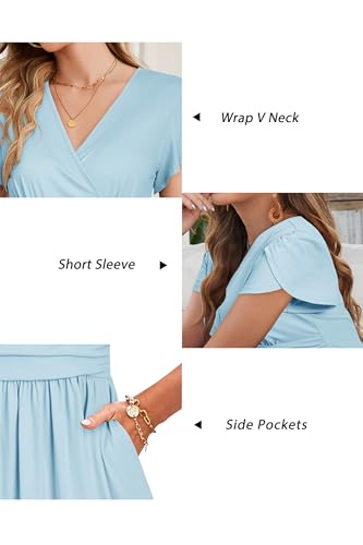 OUGES Women's Wrap V Neck Summer Maternity Photoshoot Dress with Pockets - color: Light Blue, size: Small