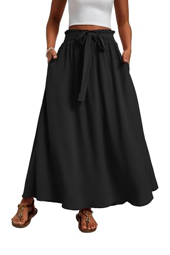 Womens Maxi Skirt with Pockets Elastic Waist Pleated A Line Summer - color: A01-black, size: Small