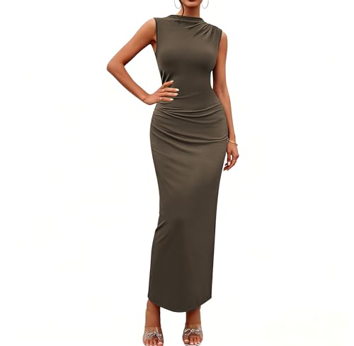 Bluetime Women's Ruched Bodycon Maxi Dresses Sleeveless Slim Fit Summer Dress Elegant Cocktail Slit Wedding Guest Dress - color: Coffee, size: Small