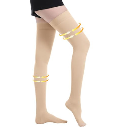 Medical Compression Stockings, 20-30 mmHg Thigh High Support Socks - color: Beige, size: Medium