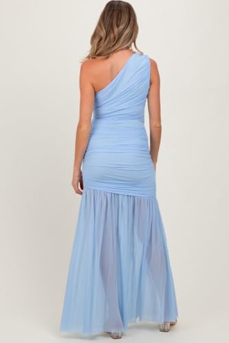 PinkBlush Ruched Mesh One Shoulder Maternity Maxi Dress - color: Light Blue, size: Small