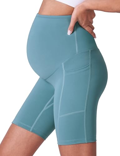 POSHDIVAH 3/4 Pack Maternity Biker Shorts Over The Belly with Pockets 5"/8" - color: Black/Blue/Pink 8", size: Large