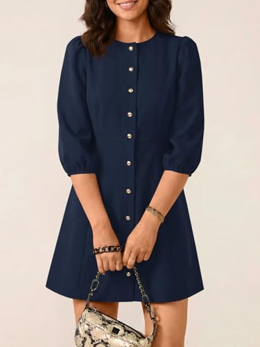 Wenrine Womens Work Mini Dress 3/4 Sleeve Button Down Business Dresses - color: Navy, size: Medium