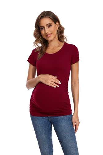 Smallshow Women's 4 Pack Maternity Shirts Short Sleeve Pregnancy Tops Clothes - color: Black-light Grey-navy-maroon(4 Pack), size: Large
