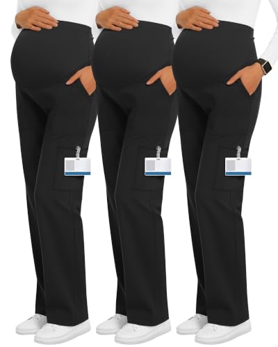 3 Pack Women's Maternity Scrub Pants with 6 Pockets - color: Black, Black, Black, size: Large