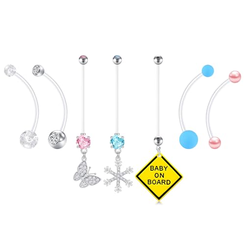 JFORYOU Pregnancy Belly Rings Maternity Navel Rings Flexible Bioplast Long Belly Button Rings Clear Navel Retainer Body Piercing for Daily Wear, Maternity Photoshoot and Beach Swimming - color: Pink+Blue Color 7PCS