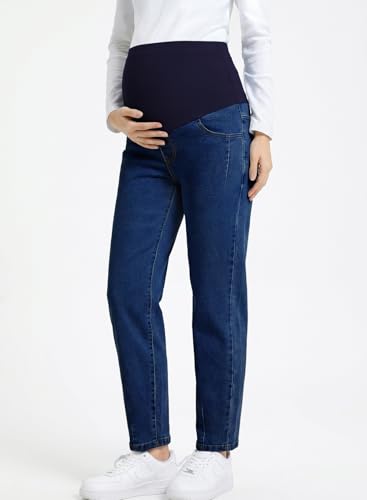 BLENCOT Maternity Jeans Over Belly Straight Leg High Waist Pregnancy Pant - color: Sail Blue, size: Medium