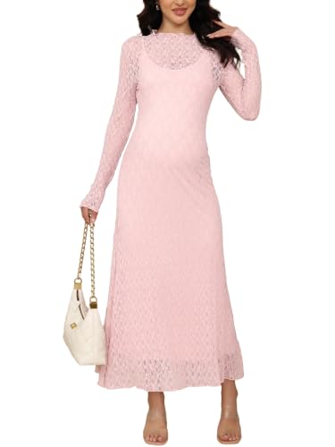 Maternity Dress Set Bodycon Lace Overlay & Inner Slip - color: Pink, size: Small
