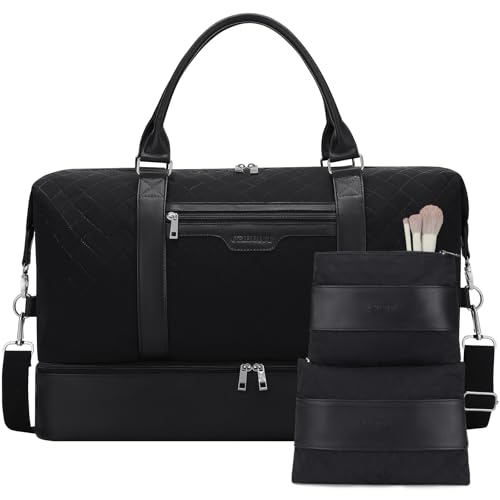 Oeihuivt Weekender Bags for Women - 21 Inch Large Travel Duffel Bag 3-Piece Set with Shoe Compartment, Heavy-Duty Canvas & Leather Carry On Overnight Tote (Airplane Approved) - color: Black-Sewing line-3