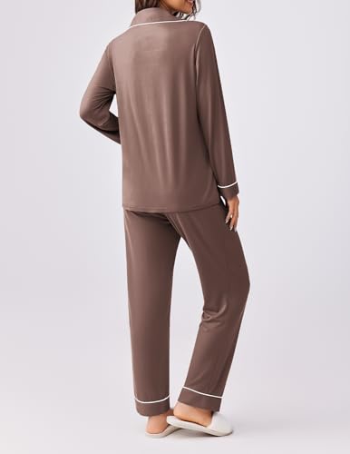 Ekouaer Womens Pajamas Set Button Down Long Sleeve Top & Pants Lounge Sets - color: Brown, size: Medium