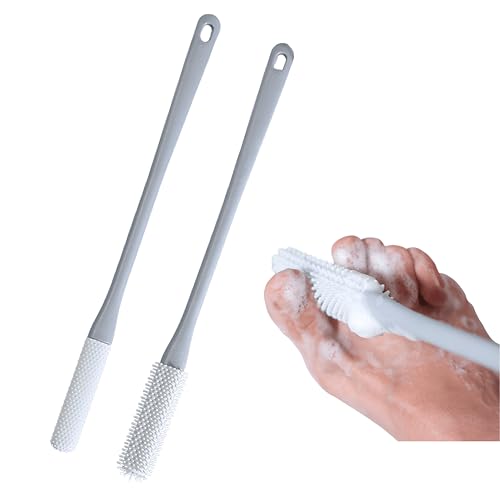 Toe Cleaning Brush with 15.7" Long Handle, Foot Scrubber in Shower - color: Grey