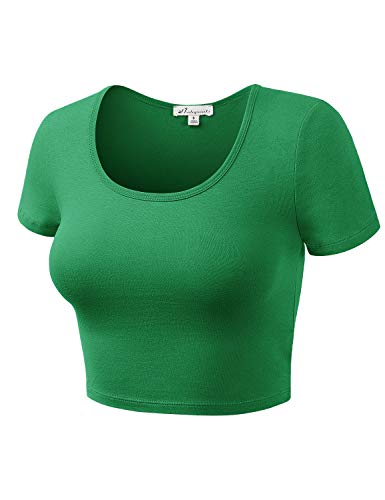 Women Cotton Scoop Neck Crop Tops Short Sleeve Basic Casual Shirts - color: 939-kelly Green, size: Medium