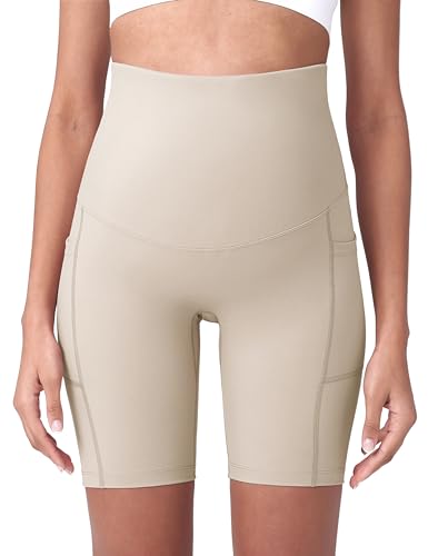 POSHDIVAH Maternity Biker Shorts Over the Belly with Pockets 5"/8" - color: Khaki, size: Large