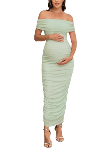 AISWI Maternity Off The Shoulder Maxi Dress Mesh Ruched Bodycon Sleeveless Pregnancy Dresses Baby Shower Photoshoot - color: Green, size: Medium