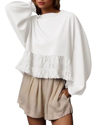 Burtell Crew Neck Crop Oversized Sweatshirts For Women Casual Long Puff Sleeve Babydoll Tops Loose Lace Patchwork Peplum Top - color: White, size: Medium