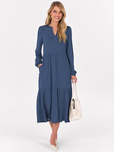 ANRABESS Women's Long Sleeve Fall Flowy Boho Maxi Dresses - color: Blue, size: X-Large