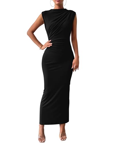 BTFBM Women Ruched Bodycon Maxi Dresses Summer Casual - color: Black, size: Medium