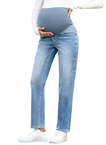 BLENCOT Women's Over Belly Maternity Ankle Jeans Stretchy Denim Pants - color: Myosotis, size: X-Large