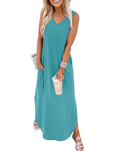 Sampeel Summer Dresses Maxi Dress Vacation Beach Sundresses 2025 with Pockets - color: Blue, size: Medium