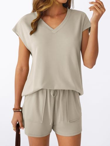 AUTOMET 2 Piece Summer Short Set Matching V Neck Cap Sleeve Lounge Clothing - color: Khaki, size: Medium