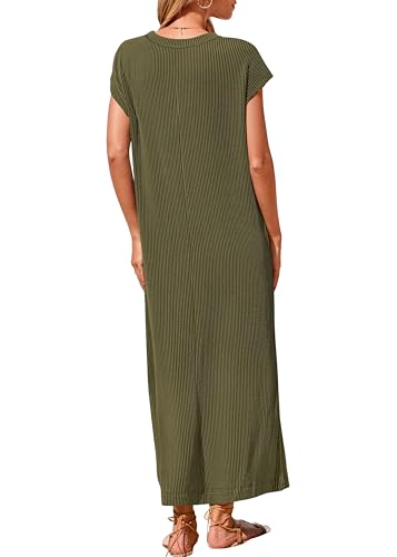 KIRUNDO Womens Summer Ribbed Knit Short Sleeve Maxi Dress - color: Army Green, size: Large