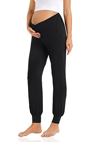 Foucome Women's Maternity Pants Under Belly Activewear Joggers - color: Black, size: Large