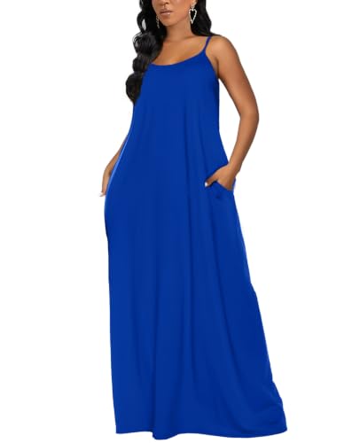 OFEEFAN Women's Maxi Dresses Summer Spaghetti Strap Dress with Pockets - color: Ac- Blue, size: Large