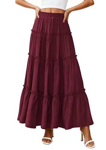 PRETTYGARDEN Women's Boho Tiered Ruffle Flowy Maxi Skirt - color: Burgundy, size: X-Large