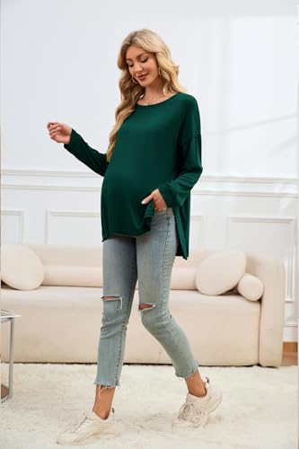 Smallshow Women's Long Sleeve Maternity Shirts Loose Tunic Pregnancy Tops - color: Deep Green, size: Large