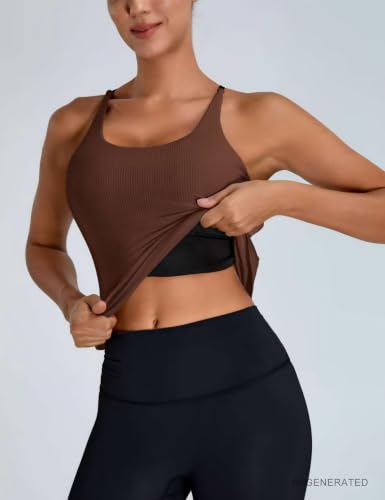 BMJL Womens Workout Tops Built in Bra Open Back Tank Top Running Gym Shirts - color: Brown, size: Large