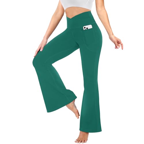 YOLIX Flare Leggings for Women with Pockets - Crossover High Waisted Black Flared Leggings for Yoga Gym Workout - color: Solid Green, size: Large