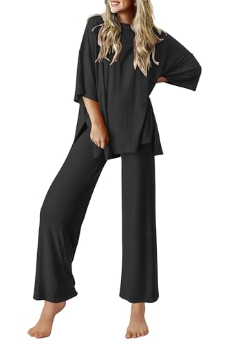 Ekouaer Lounge Sets for Women Soft Comfy Pajama Set 2 Piece Outfits - color: Black, size: XX-Large