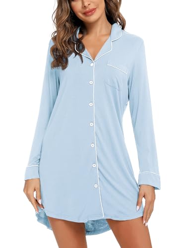 Anjue Long Sleeve Button Down Pajama Nightgowns for Women - color: 101light Blue, size: Large