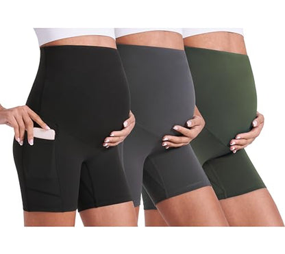 Enerful Maternity Biker Shorts with Pockets 8"/5" - color: Black+grey+dark Green 5", size: Large