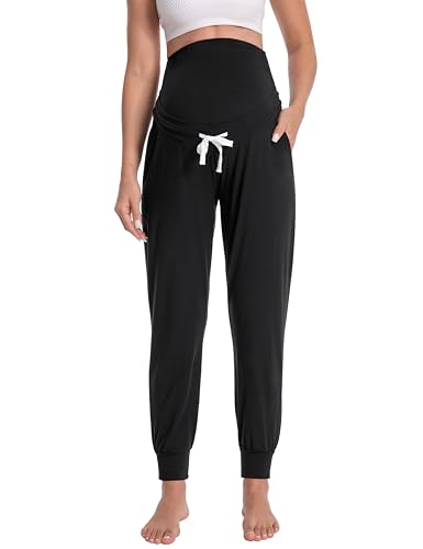 Women's Maternity Joggers Over Belly Sweatpants - color: Black, size: Medium