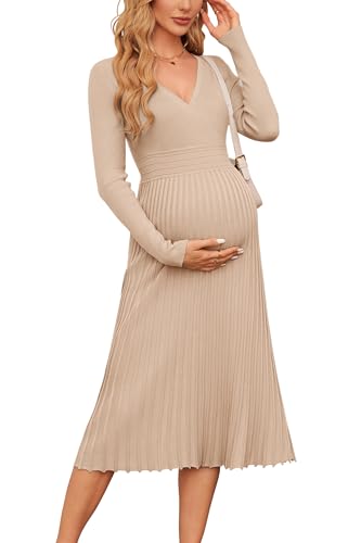 OUGES Women's Fall Maternity Dress for Photoshoot Long Sleeve Wrap V Neck Pleated Baby Shower Sweater Midi Dresses 2026 - color: Almond, size: XX-Large