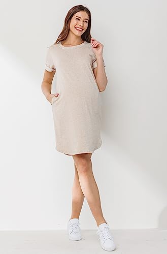 LaClef Womens Short Sleeve Maternity T-Shirt Dress with Pockets - color: Oatmeal, size: X-Large