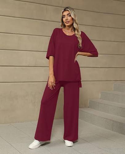 KevaMolly 2 Piece Lounge Set for Women Comfy Pajamas Set - color: Wine, size: Medium