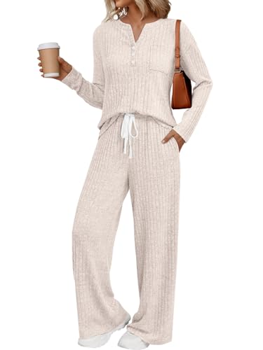 LILLUSORY Women's 2 Piece Matching Lounge Sets 2026 Trendy Fall Outfits - color: Apricot, size: Medium