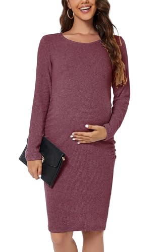 Smallshow Women's Knit Maternity Dress Long Sleeve Pregnancy Clothes - color: Maroon, size: X-Large