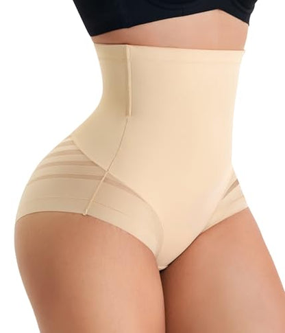 Shapewear Tummy Control Underwear High Waisted Panties with Stripe Lace - color: Beige, size: Medium