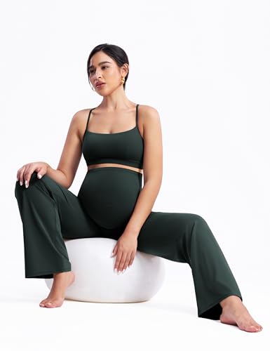 POSHDIVAH Creamluxe Maternity Wide Leg Pants Pregnancy Work Trousers - color: Pine Green, size: X-Small