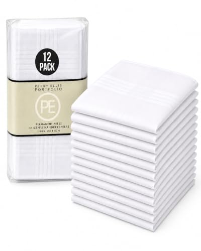 Perry Ellis 12 Pack Handkerchief (100% Cotton White with Satin Border, 16" x 16")