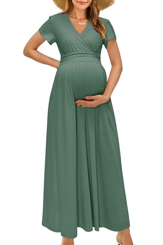 OUGES Women's Wrap V Neck Summer Maternity Photoshoot Dress with Pockets - color: Gray Green, size: Large