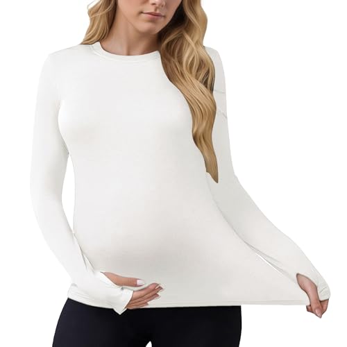 Women Maternity Stretchy Fitted Crew Neck Long Workout Tops - color: White, size: Small