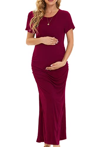 Smallshow Women's Split Long Short Sleeve Maternity Dress - color: Maroon, size: X-Large