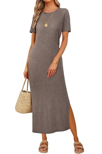 Arach&Cloz Women's Wool Blend Fall Business Casual T Shirts Maxi Dress - color: Coffee, size: Medium