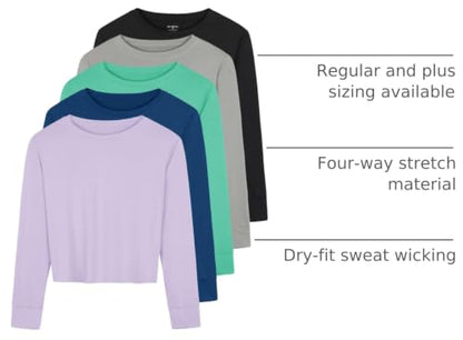 5 Pack Women's Dry Fit Long Sleeve Crop Tops Workout Athletic Crew Neck Tee - color: Set 11, size: Large