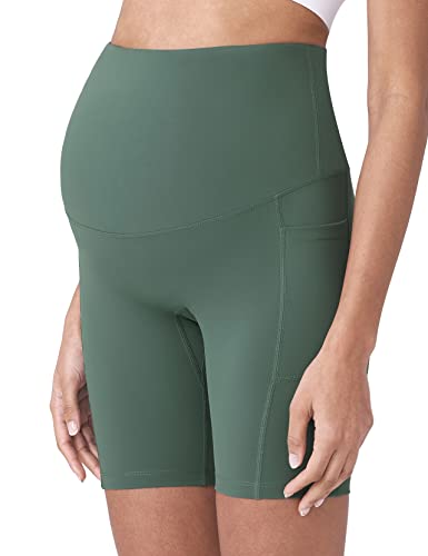 POSHDIVAH Maternity Biker Shorts Over the Belly with Pockets 5"/8" - color: Black Crab Green, size: Medium