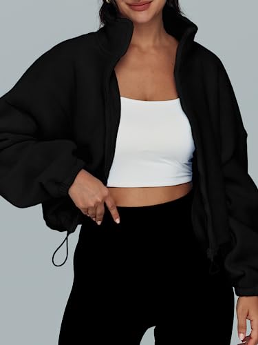 AUTOMET Womens Fleece Jackets Zip Up Oversized Cropped Sweatshirts - color: Black, size: Medium
